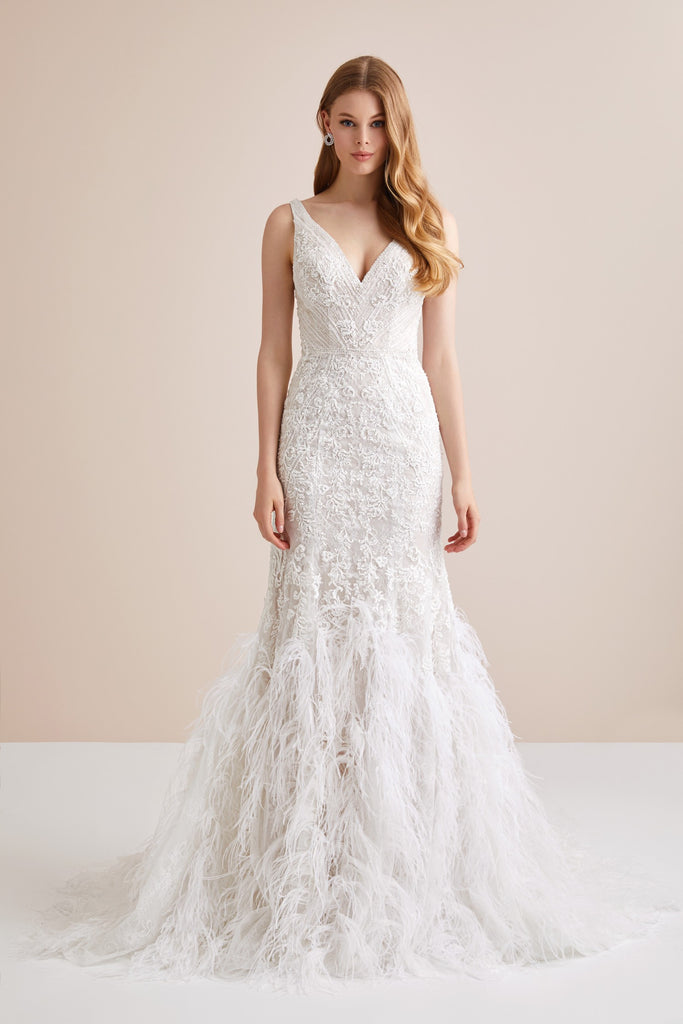 lace mermaid wedding dress with feather skirt