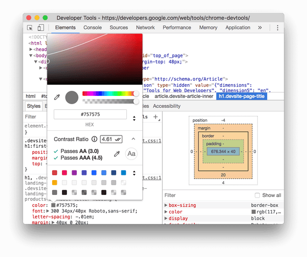 Chrome developer tools showcasing its color contrast feature.