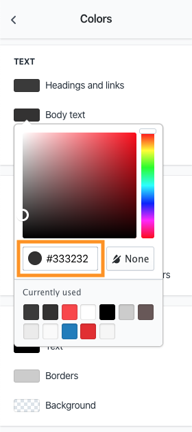 Screenshot of Theme settings, body text color picker. The current color value is set to #333232.