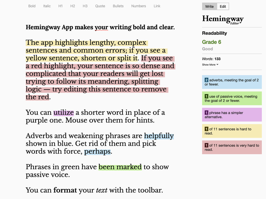 Default screen of the Hemingway Editor App which includes text with colorful highlights indicating issues with content.