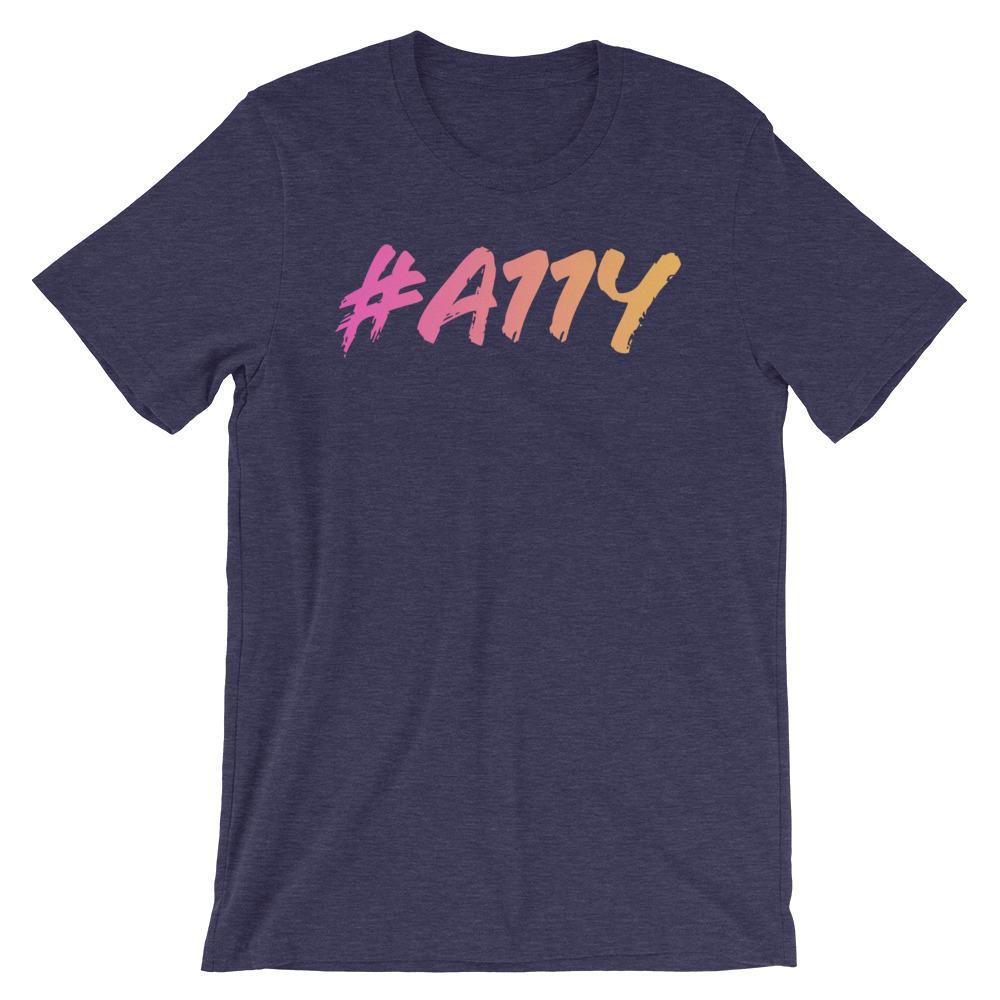 Left to right, dark pastel pink to pastel yellow gradient, large #A11Y letters on front of heather navy blue t-shirt.