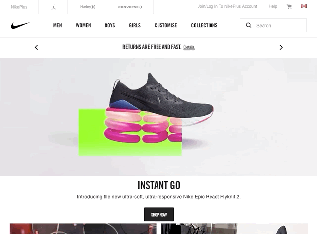Nike homepage with shoe spring action animation. Animation pauses, then resumes, with message at top of the screen.