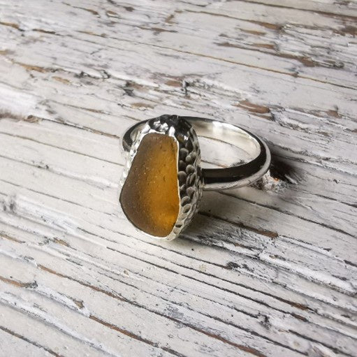 Textured yellow sea glass ring  - Size O