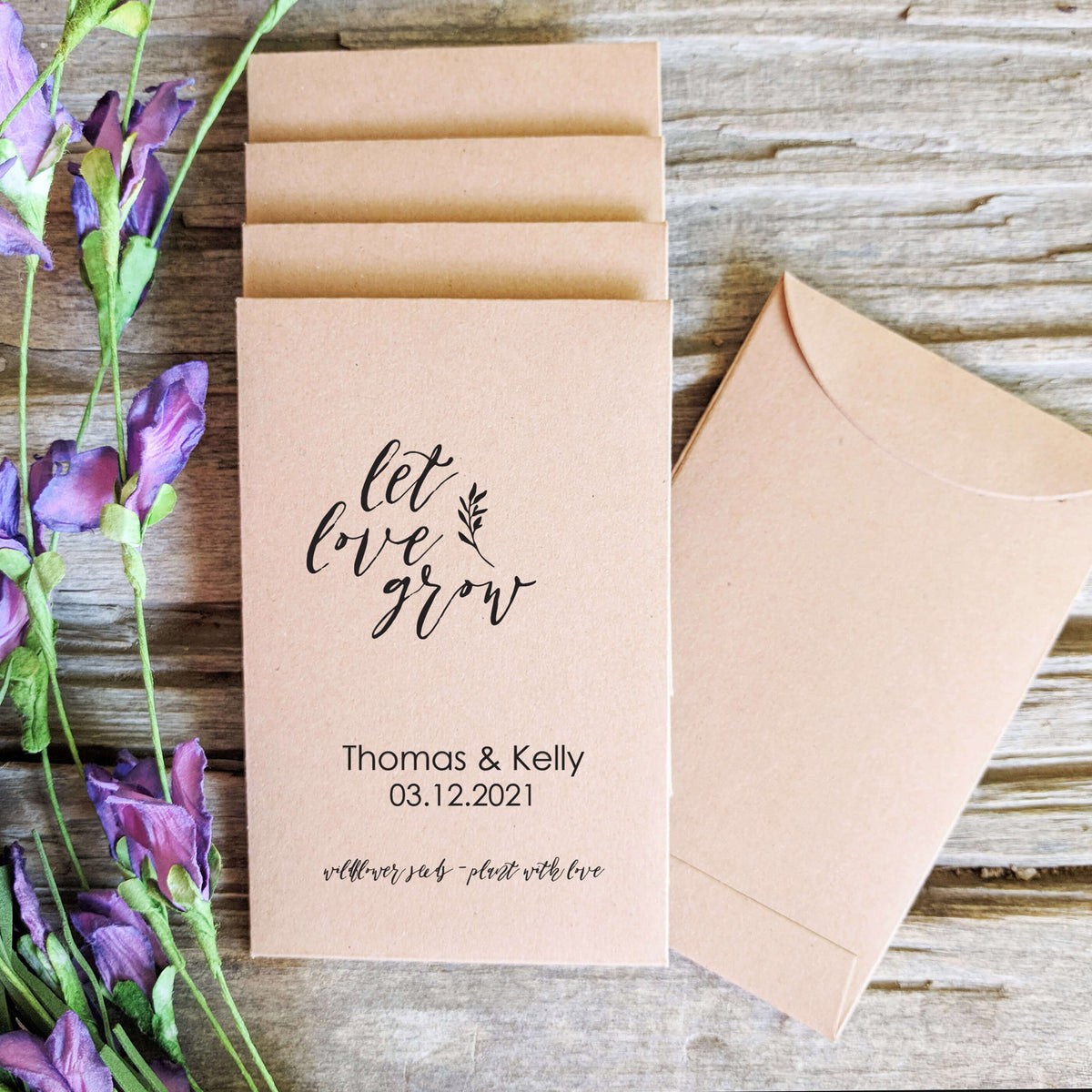 Personalised Wedding Flower Seed Packets Envelopes Favour Brown Let Love Grow 