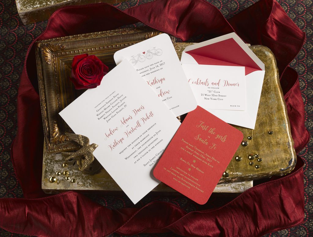 Kathryn & Andrew is an engraved suite in black and ruby red, set in New York City. Call us toll-free at 1-800-995-1549 or email us at hello@pickettspress.com