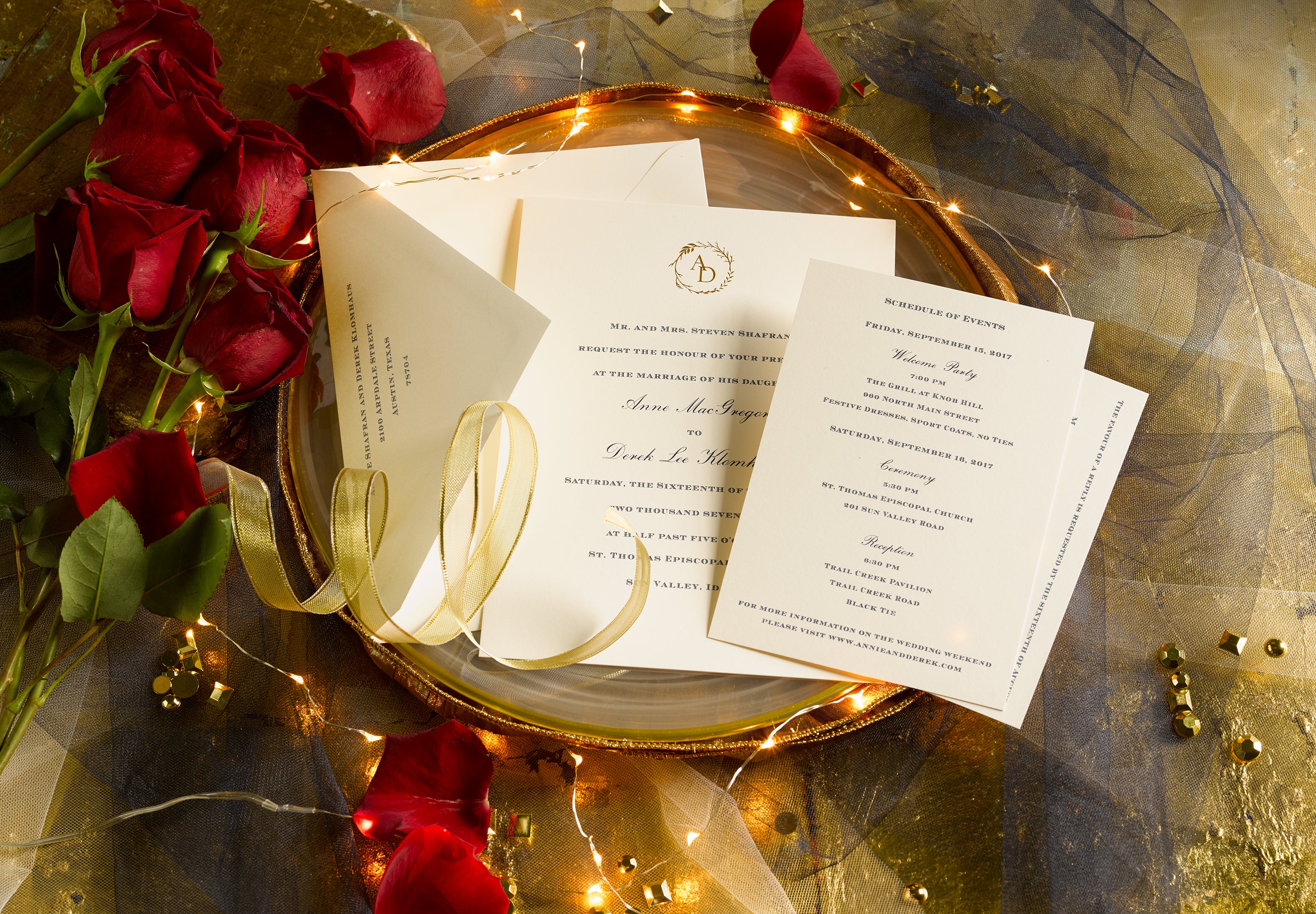 Anne & Derek is an engraved & foil stamped suite in navy and gold, set in Sun Valley Indiana. Call us toll-free at 1-800-995-1549 or email us at hello@pickettspress.com
