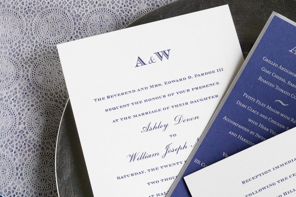 Ashley and Liam is an engraved wedding suite set in Greenwich, Connecticut. Call us toll-free at 1-800-995-1549 or email us at hello@pickettspress.com