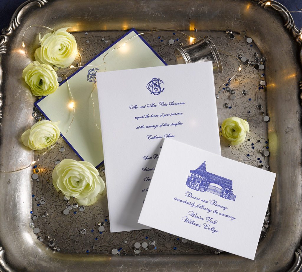 Cathy & Scott is a letterpress wedding suite set in Williamstown, MA. Call us toll-free at 1-800-995-1549 or email us at hello@pickettspress.com
