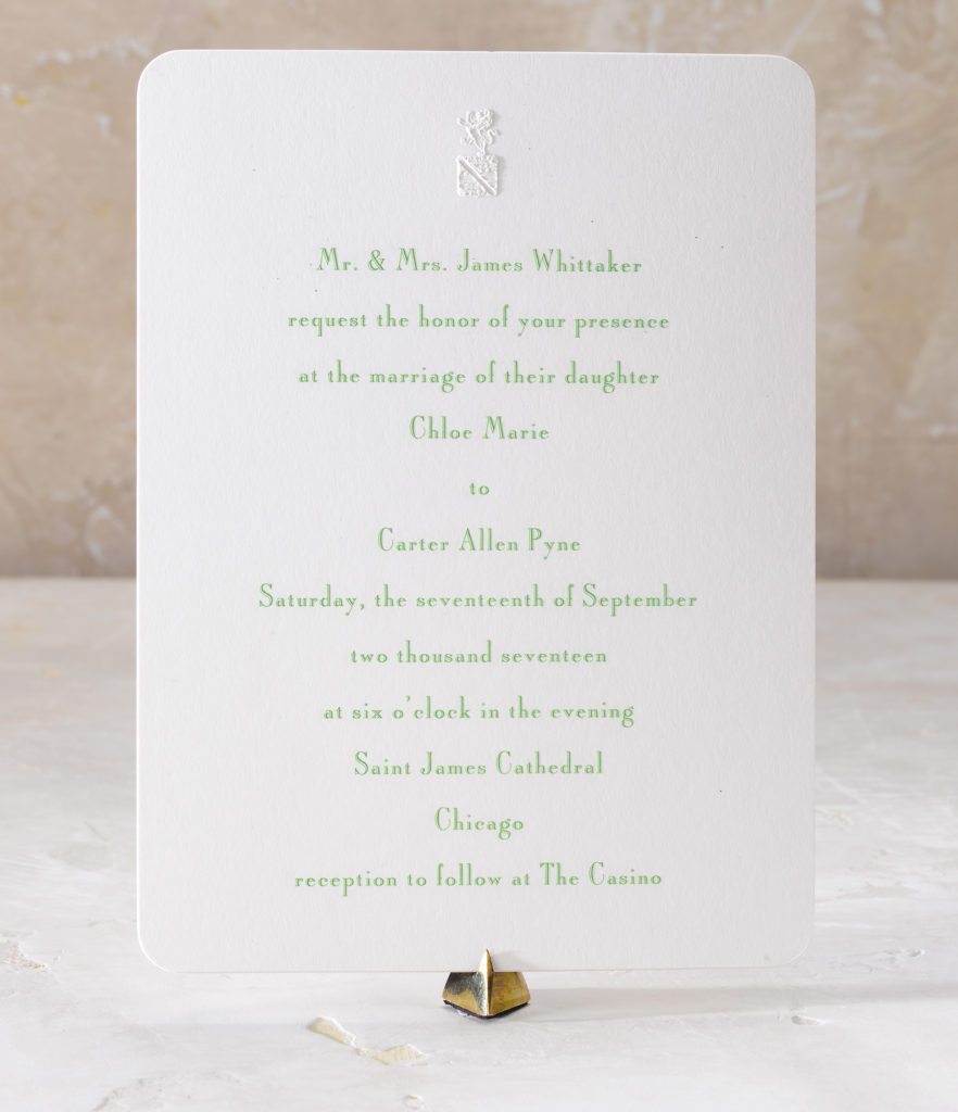 Chloe and Carter is an engraved wedding suite set in Chicago at Saint James Cathedral. Call us toll-free at 1-800-995-1549 or email us at hello@pickettspress.com