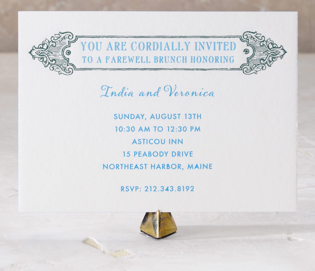 India and Veronica is an engraved wedding suite set in Northeast Harbor, Maine. Call us toll-free at 1-800-995-1549 or email us at hello@pickettspress.com