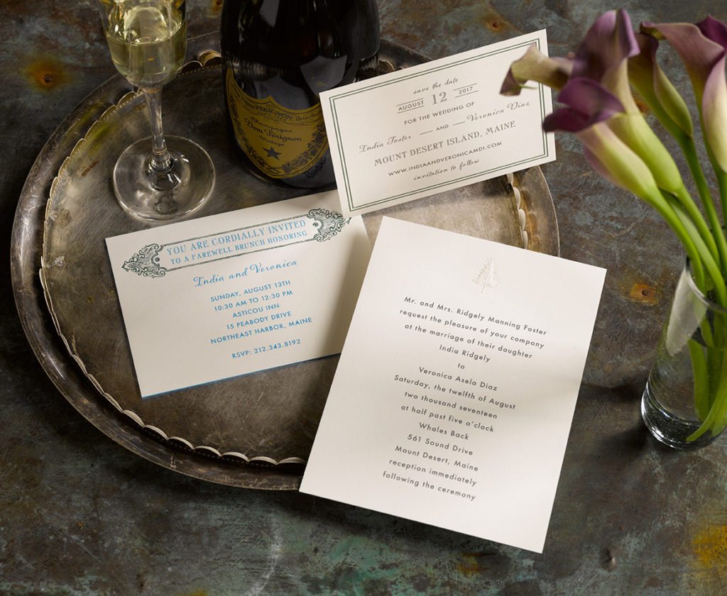 India and Veronica is an engraved wedding suite set in Northeast Harbor, Maine. Call us toll-free at 1-800-995-1549 or email us at hello@pickettspress.com