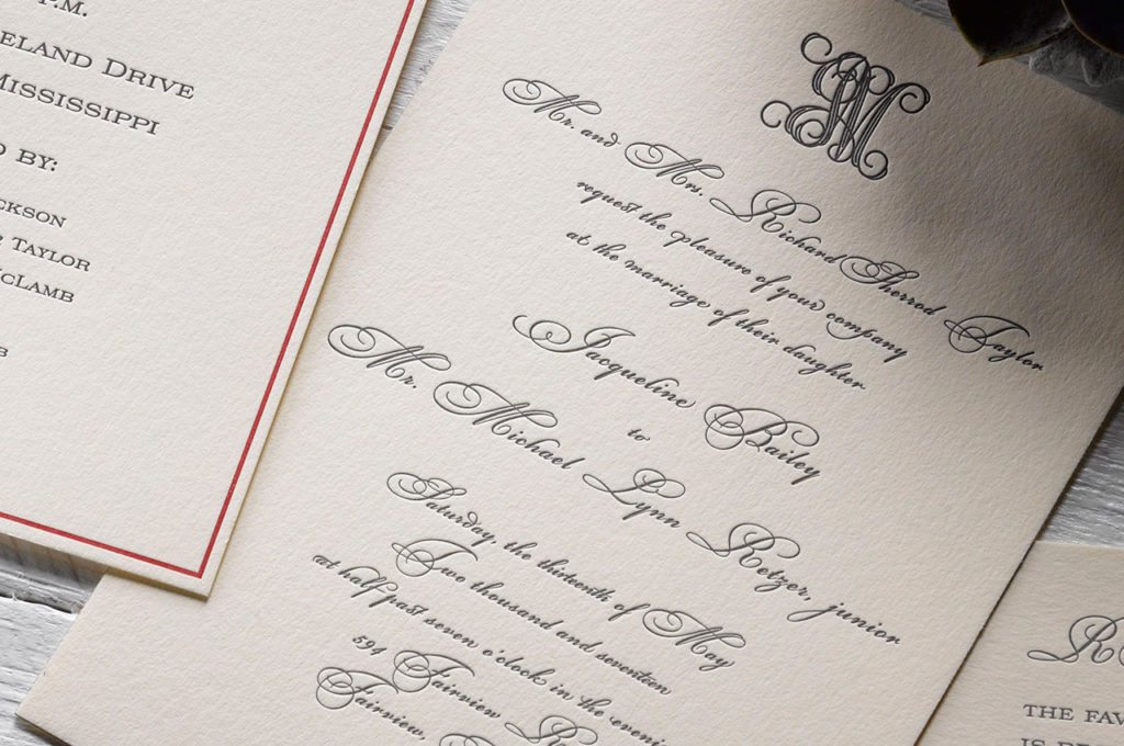 Jackie & Mike is a letterpress wedding suite set in Fairview, Mississippi. Call us toll-free at 1-800-995-1549 or email us at hello@pickettspress.com
