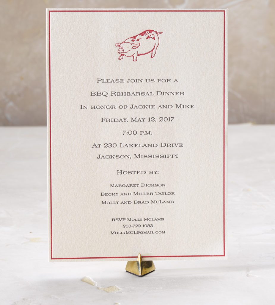 Jackie & Mike is a letterpress wedding suite set in Fairview, Mississippi. Call us toll-free at 1-800-995-1549 or email us at hello@pickettspress.com