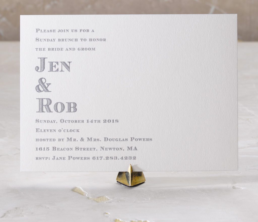 Jen and Rob is a foil wedding suite set in Cambridge, MA. Call us toll-free at 1-800-995-1549 or email us at hello@pickettspress.com