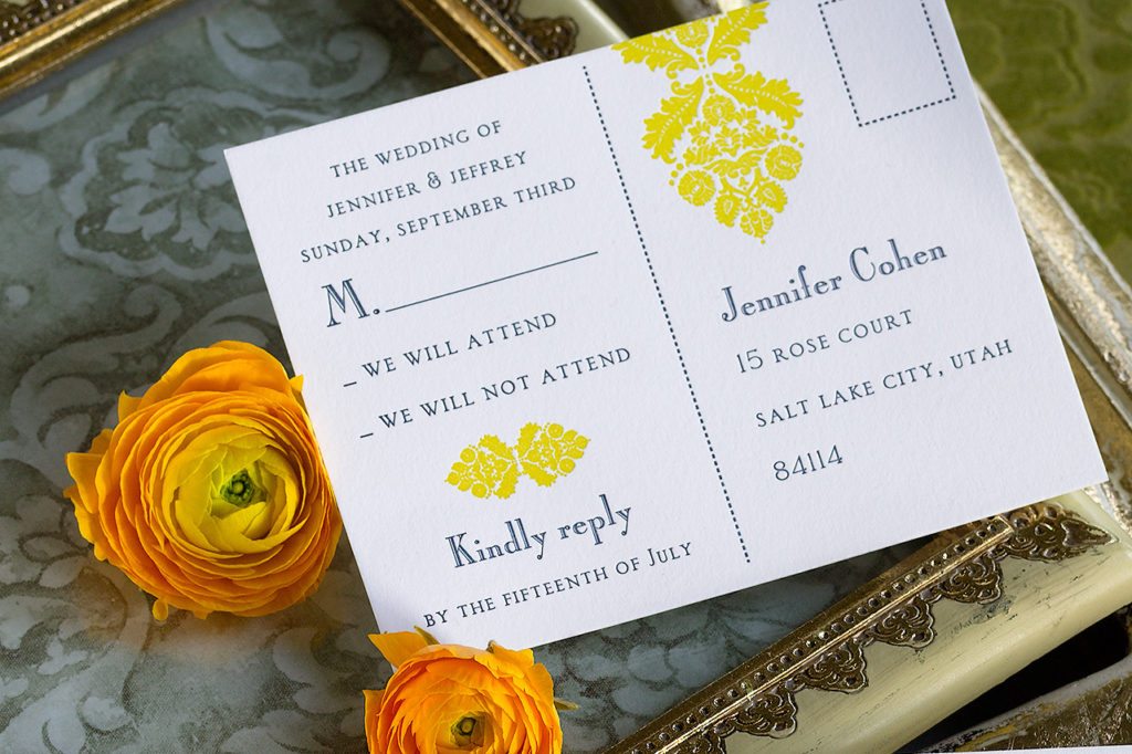 Jennifer & Jeffrey is a letterpress wedding suite set in Deer Valley, Utah. Call us toll-free at 1-800-995-1549 or email us at hello@pickettspress.com