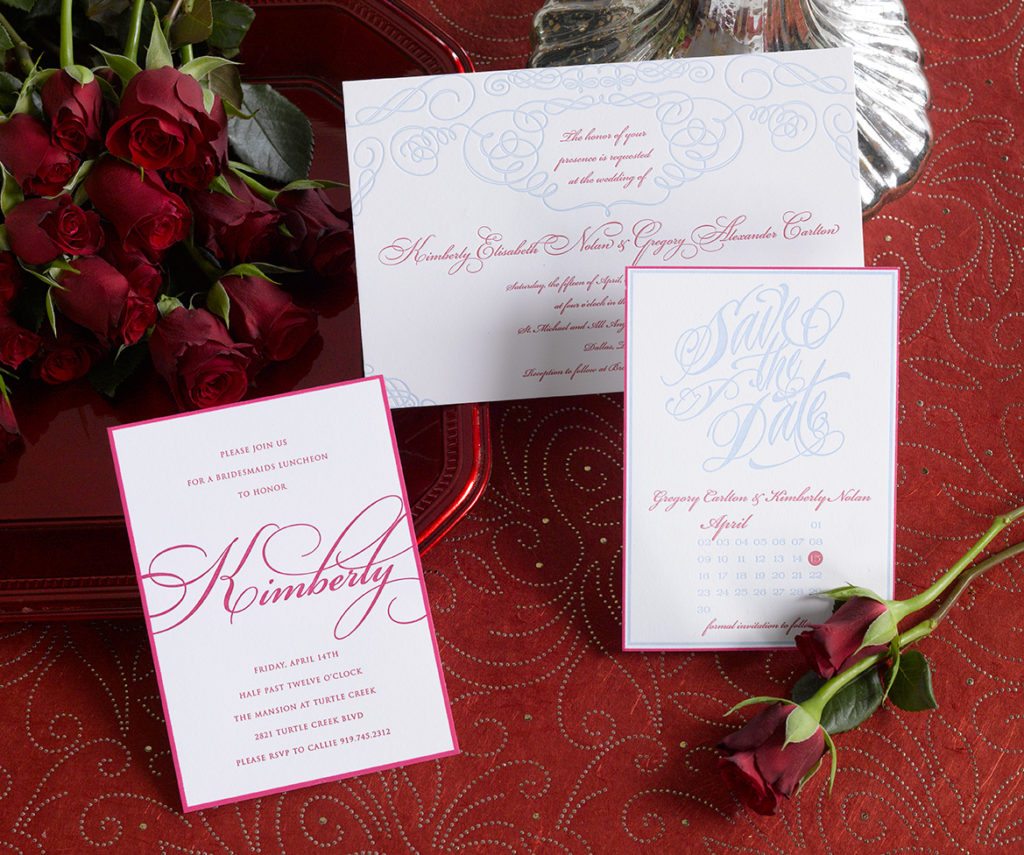 Kim & Greg is a letterpress wedding suite set in Dallas, TX. Call us toll-free at 1-800-995-1549 or email us at hello@pickettspress.com