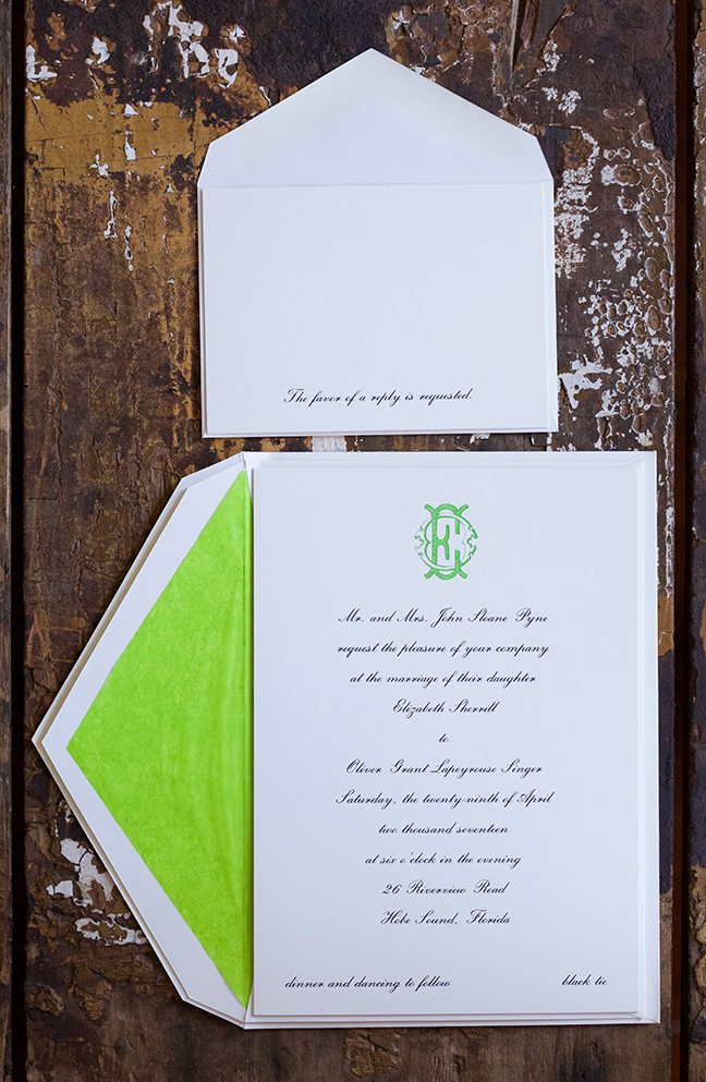 Elizabeth & Oliver is a letterpress suite in black and citrus green, set in Hobe Sound, Florida. Call us toll-free at 1-800-995-1549 or email us at hello@pickettspress.com