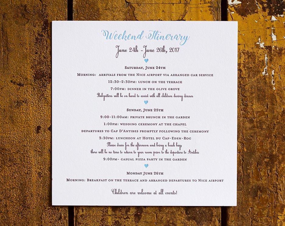 Kate & Andrew is a letterpress suite in black and custom French Blue, set in Vence, France. Call us toll-free at 1-800-995-1549 or email us at hello@pickettspress.com