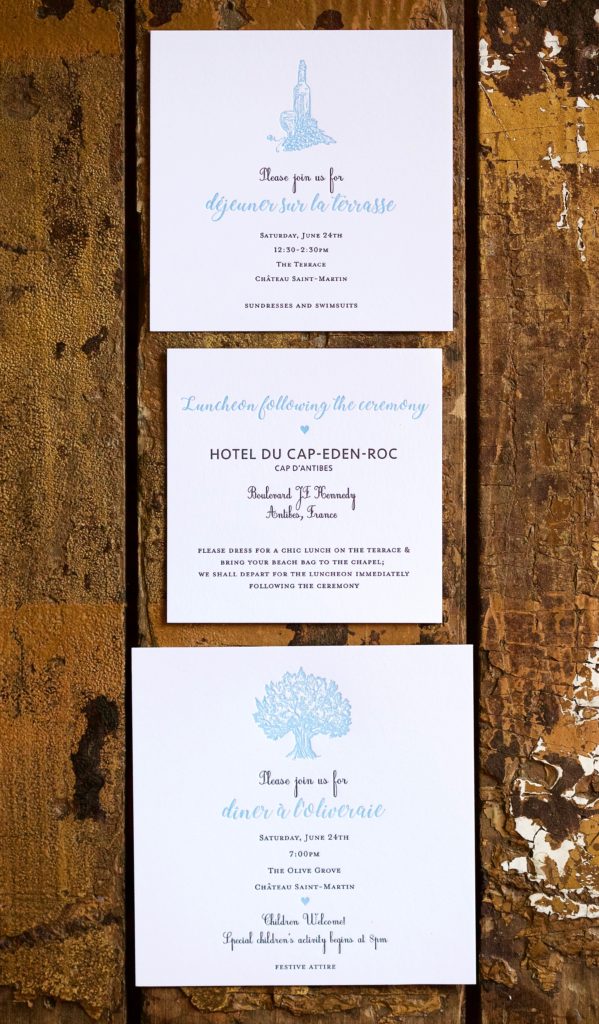 Kate & Andrew is a letterpress suite in black and custom French Blue, set in Vence, France. Call us toll-free at 1-800-995-1549 or email us at hello@pickettspress.com