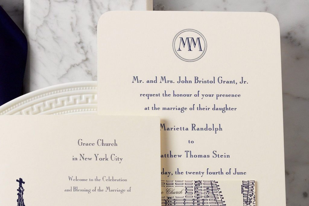 Marietta & Matt is an engraved wedding suite set in NYC. Call us toll-free at 1-800-995-1549 or email us at hello@pickettspress.com
