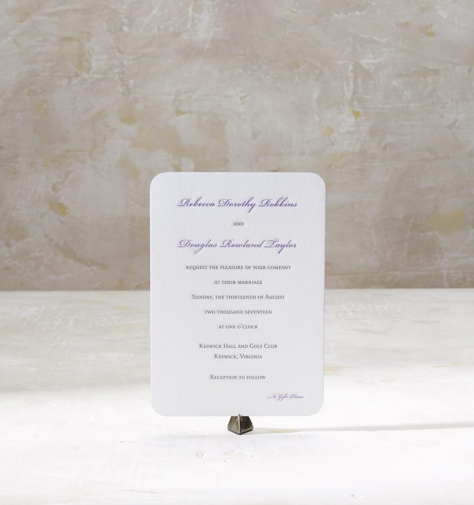 Rebecca & Douglas is an engraved suite in black and metallic purple, set in Virginia. Call us toll-free at 1-800-995-1549 or email us at hello@pickettspress.com