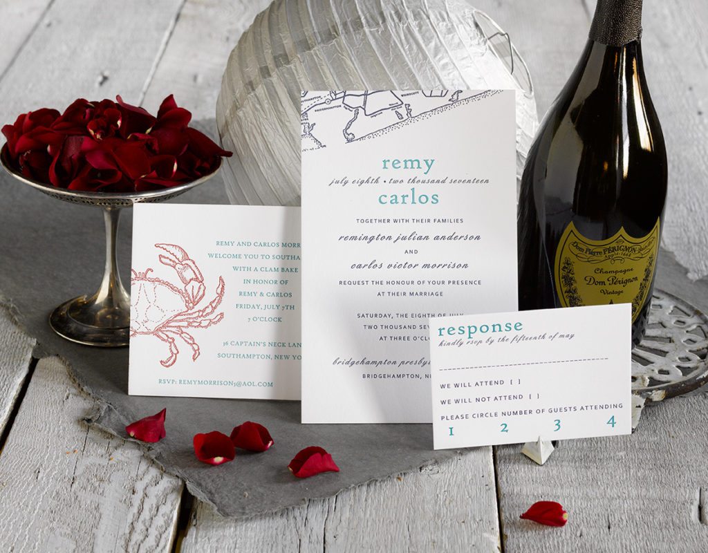  Remy & Carlos is a letterpress wedding suite set in Bridgehampton, NY. Call us toll-free at 1-800-995-1549 or email us at hello@pickettspress.com