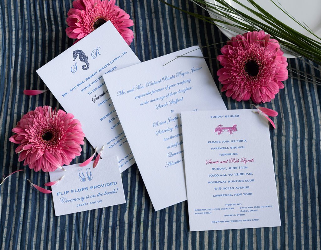 Sarah & Rob is a letterpress wedding suite set in Atlantic Beach, NY. Call us toll-free at 1-800-995-1549 or email us at hello@pickettspress.com