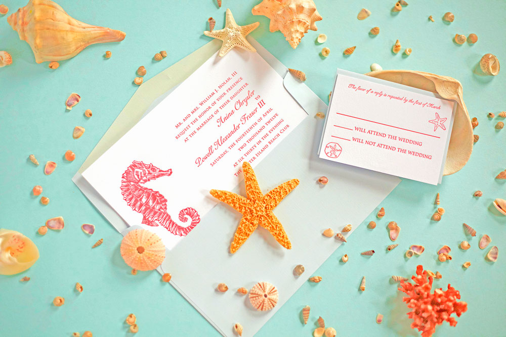 Check out these elegant coral and seahorse wedding invitations on Pickett's Press.