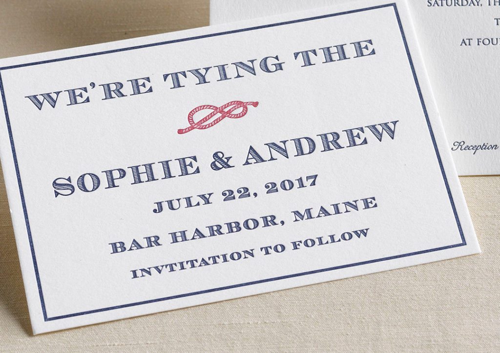 Sophie & Andrew is a letterpress wedding suite set in Bar Harbor, Maine. Call us toll-free at 1-800-995-1549 or email us at hello@pickettspress.com