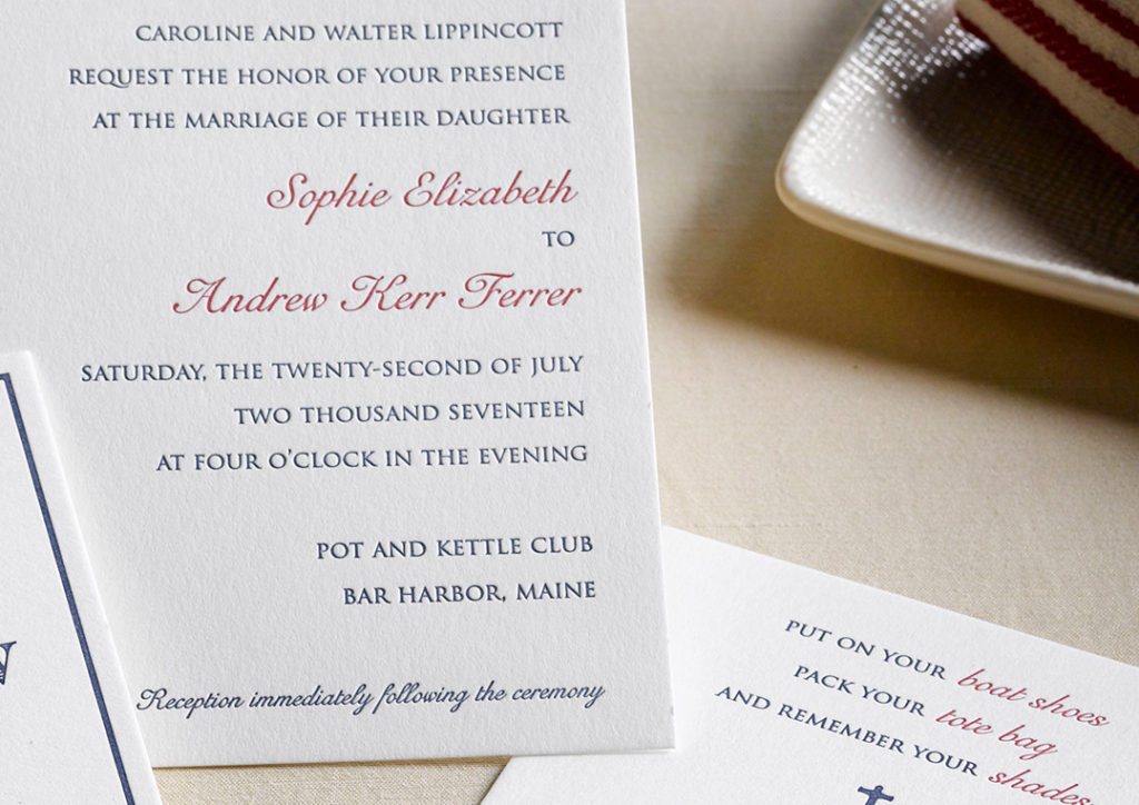 Sophie & Andrew is a letterpress wedding suite set in Bar Harbor, Maine. Call us toll-free at 1-800-995-1549 or email us at hello@pickettspress.com