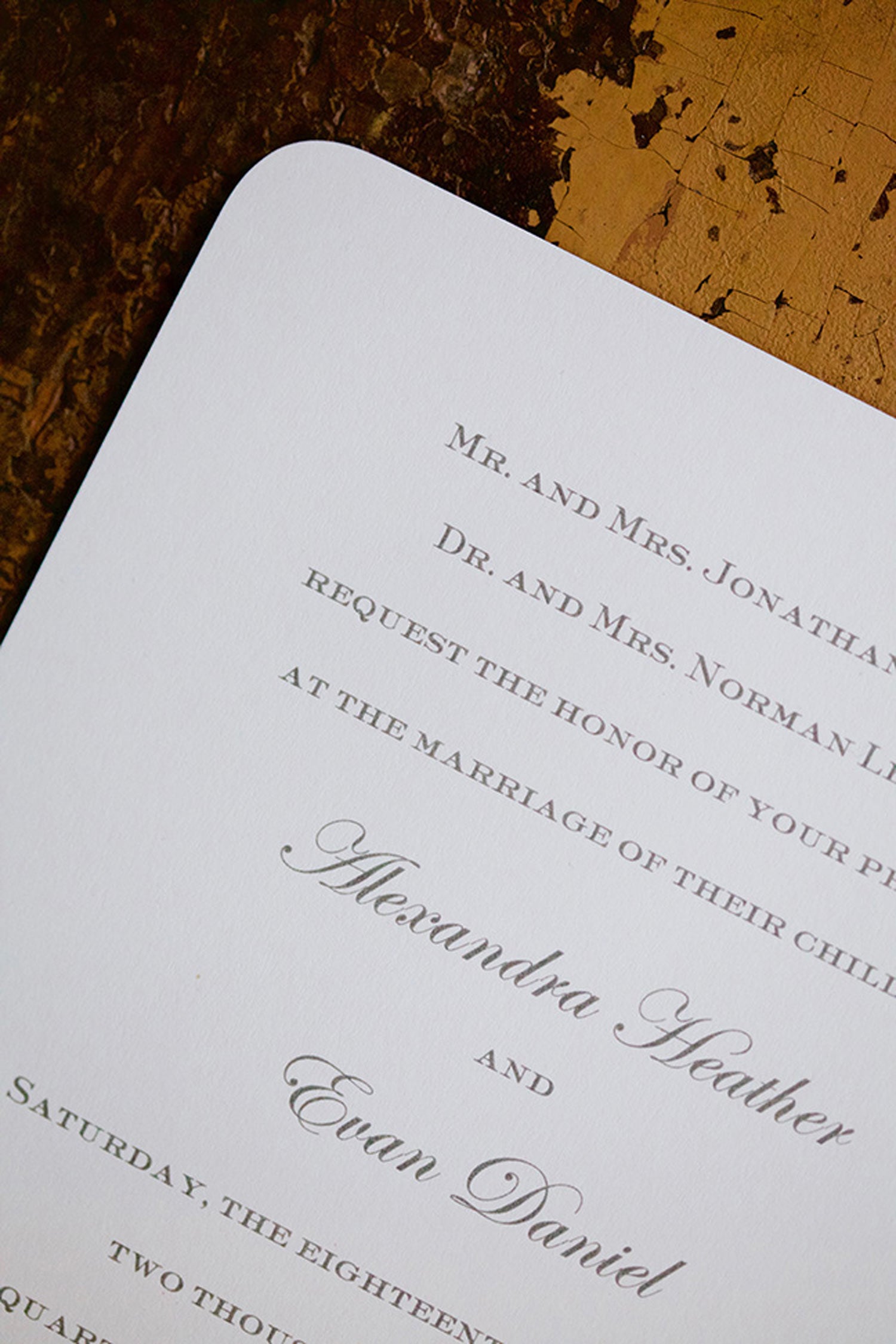 Alex & Evan is an engraved wedding suite set in NYC. Empire size natural white classic crest double thick paper in pewter ink with rounded corners and navy edge painting. Call us toll-free at 1-800-995-1549 or email us at hello@pickettspress.com