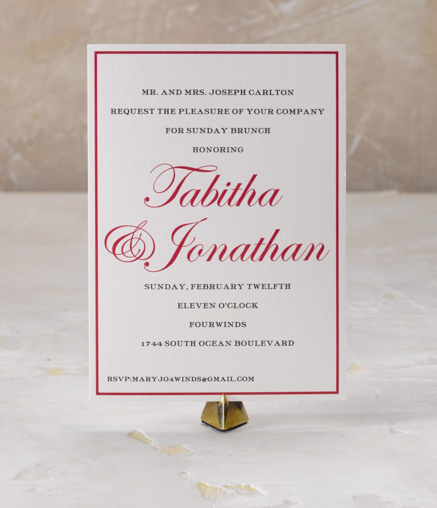 Tabitha & Jon an engraved wedding suite set in Palm Beach, FL. Call us toll-free at 1-800-995-1549 or email us at hello@pickettspress.com