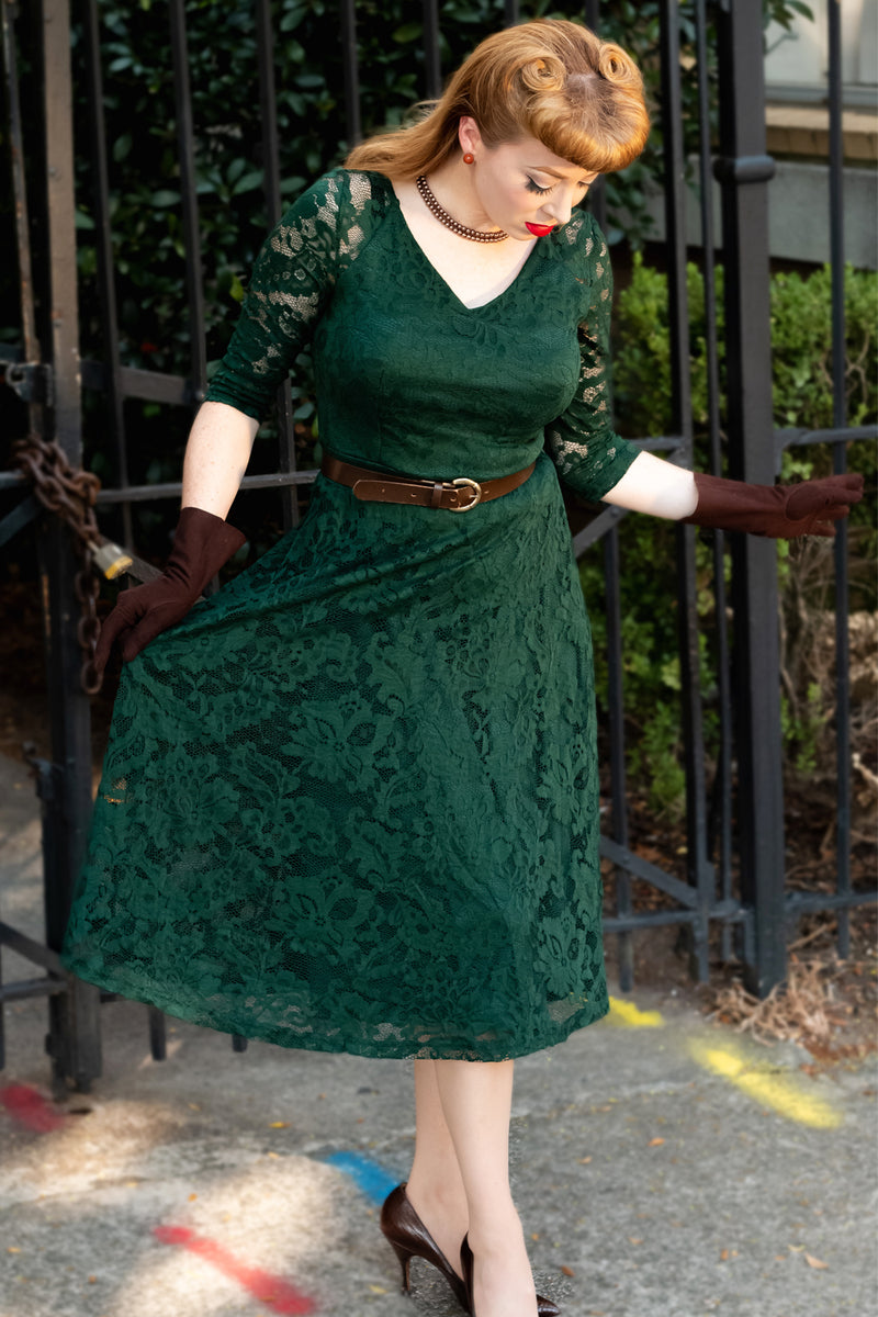 dark green lace midi dress