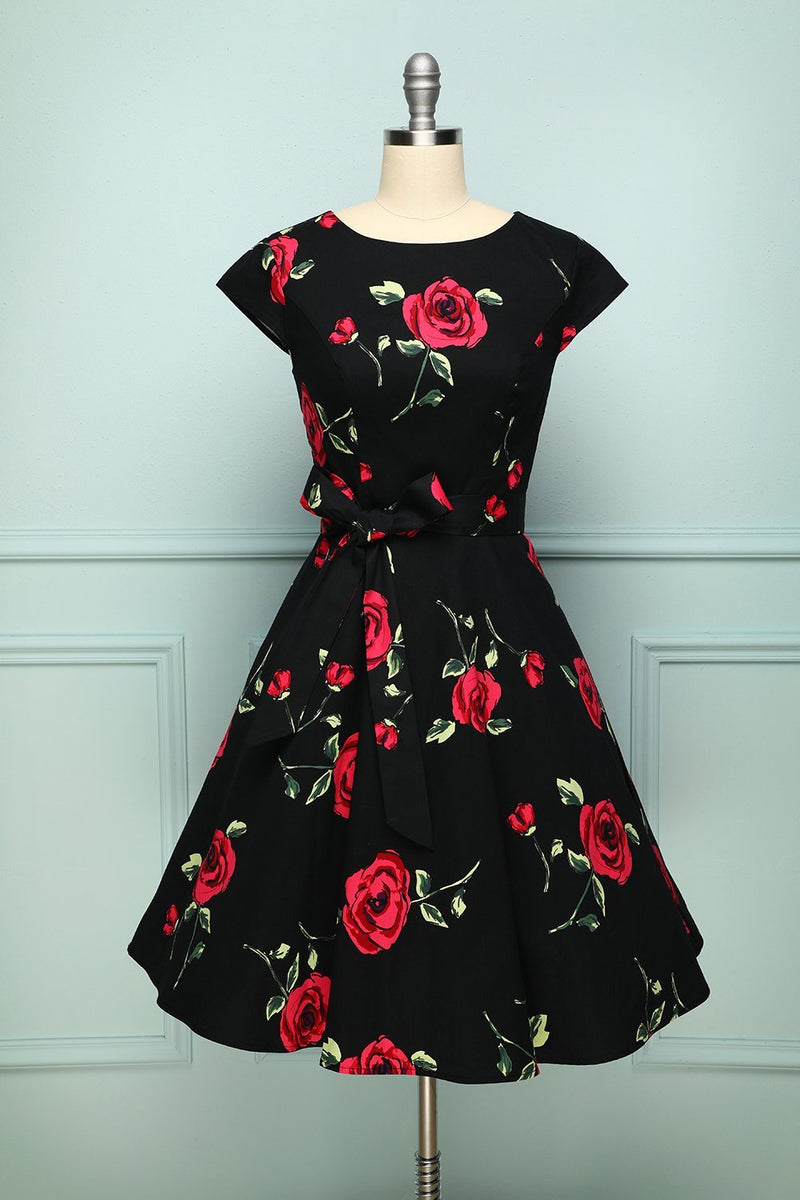 black dress with red rose print