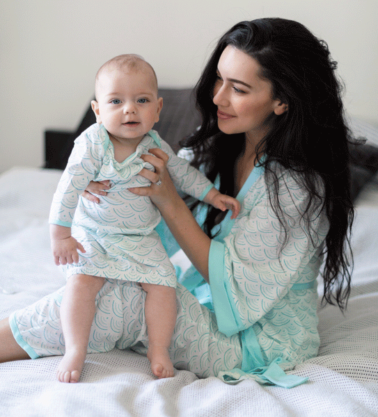 Influencer Bethany Ciotola and baby boy number three in Belabumbum Hana sleepwear for pregnant and breastfeeding moms.