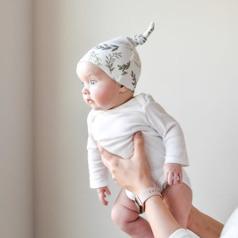 Newborn baby boy girl hat top knot stretch soft gift matching set new mom baby registry gift best perfect village baby green leaves modern 