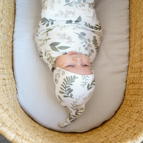 Newborn baby boy girl hat top knot stretch soft gift matching set new mom baby registry gift best perfect village baby bassinet swaddle green leaves greenery modern cute