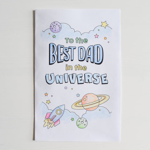 Free fathers day gift idea kids coloring page card village baby printable best dad ever space planets moon stars universe