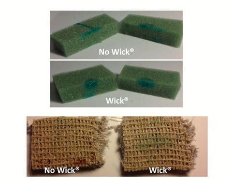 Carpet with a drop of water with blue dye. On the left with Wick. On the right no Wick. Bottom of the carpet – Wick Pushed all the way through.
