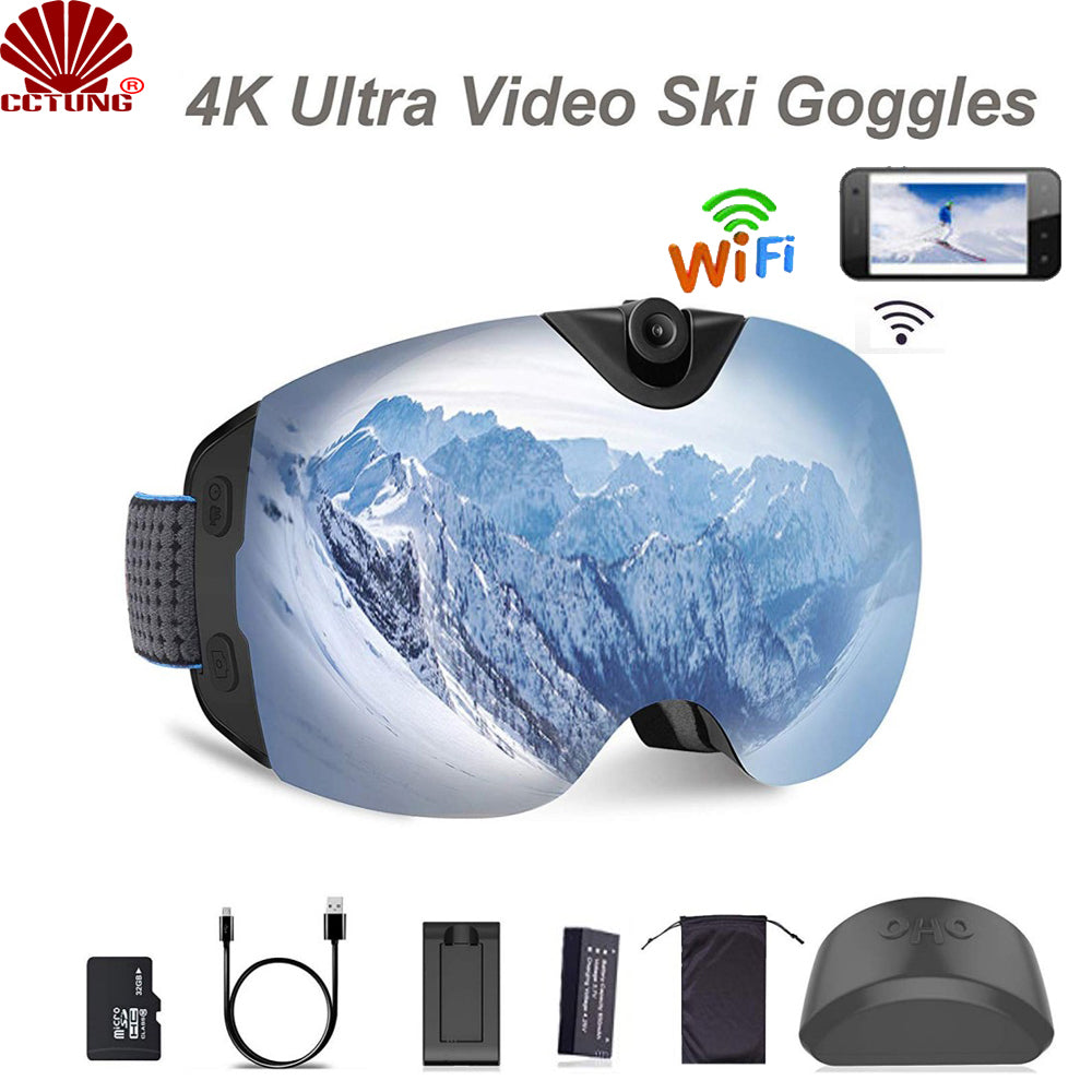 4K Ultra Video Ski-Sunglass Goggles WIFI Camera with Super 1080P 60fps Video Recording Anti-Fog Snowboard UV400 Protection Lens