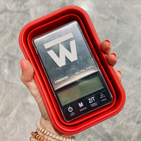 Meal Prep and Plan on the go with Truweigh Crimson Digital Mini Scale - Smartphone Compact Portable iPhone in Hand Silicone Collapsible Weighing Bowl