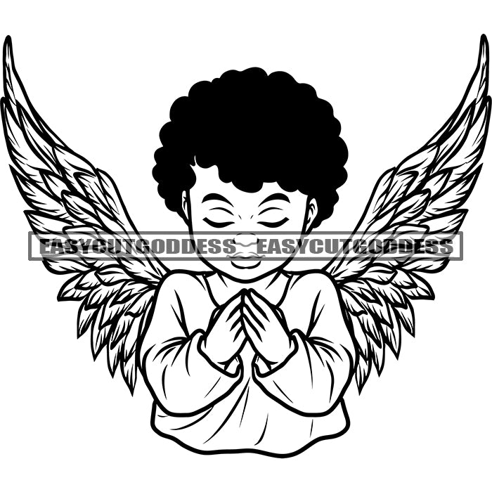 Black And White Baby Boy Praying Hand Afro Boy Wings Curly Hairstyle C –  DesignsByAymara