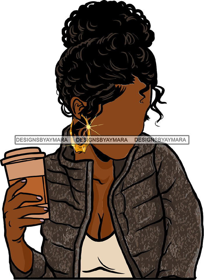 No Face Curly Black Woman Afro Hair Gray Jacket Holding Coffee Cup SVG –  DesignsByAymara