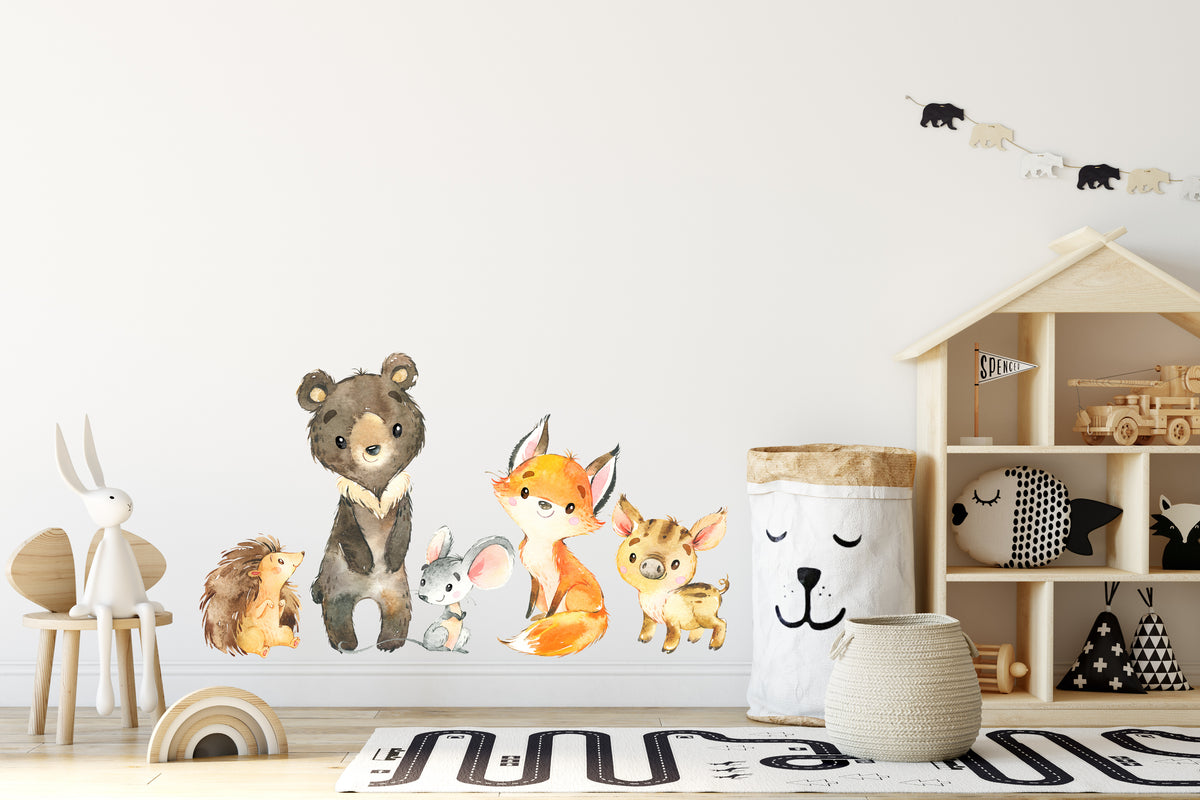 Fox & Friend in Autumn Personalised Wall decal for kids  woodland animals  stickers removable  Forest Friends nursery  watercolor