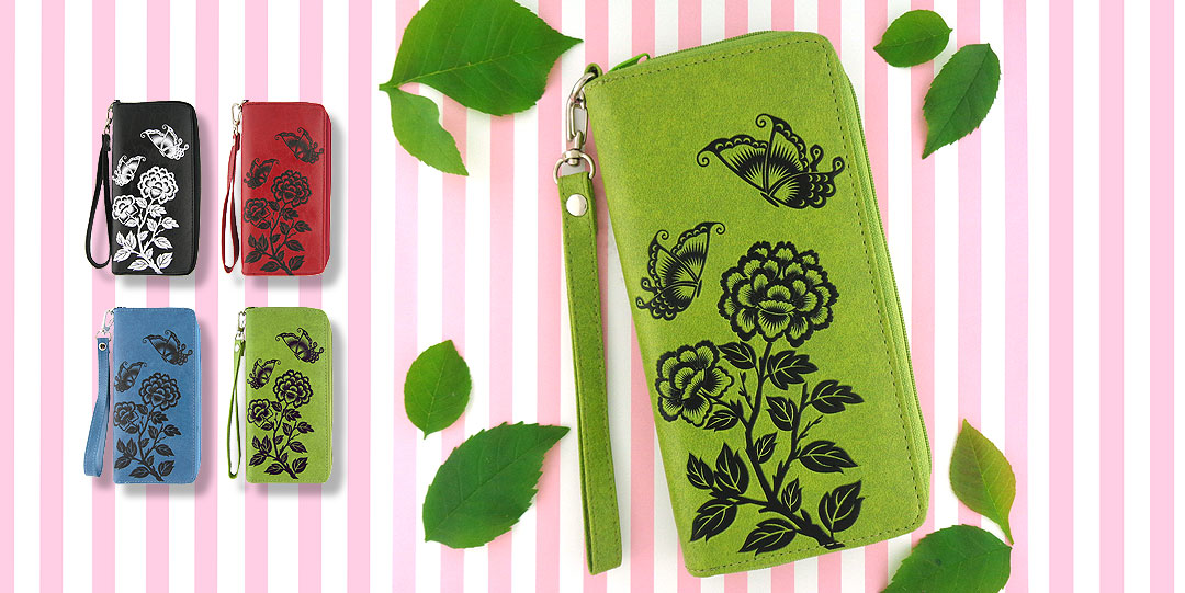 Online shopping for LAVISHY butterfly and peony flower embossed vegan wristlet wallets
