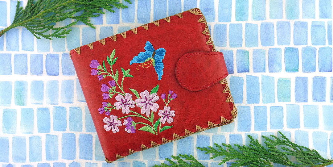 LAVISHY's cherry blossom embroidered vegan medium flat wallet