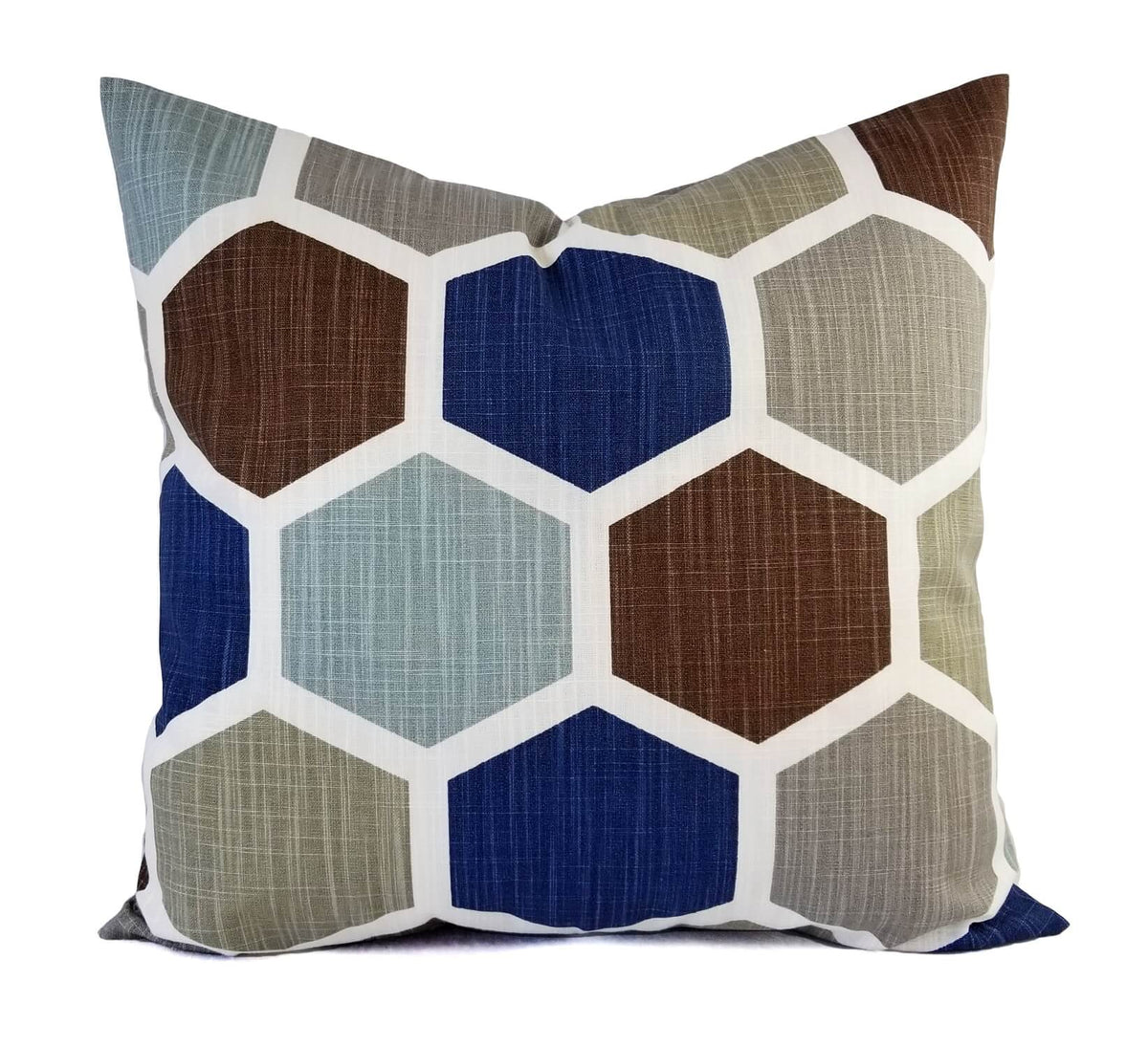 Blue Tan Brown Navy Gray Pillow Covers Decorative Throw Pillows Cushions Regal Blue Slub Canvas Birds Hexagon Geometric Various Sizes