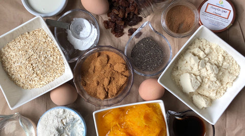 Ingredients for making Low Calorie- Nutrient Dense Pumpkin Loaf including Chalice Spice items