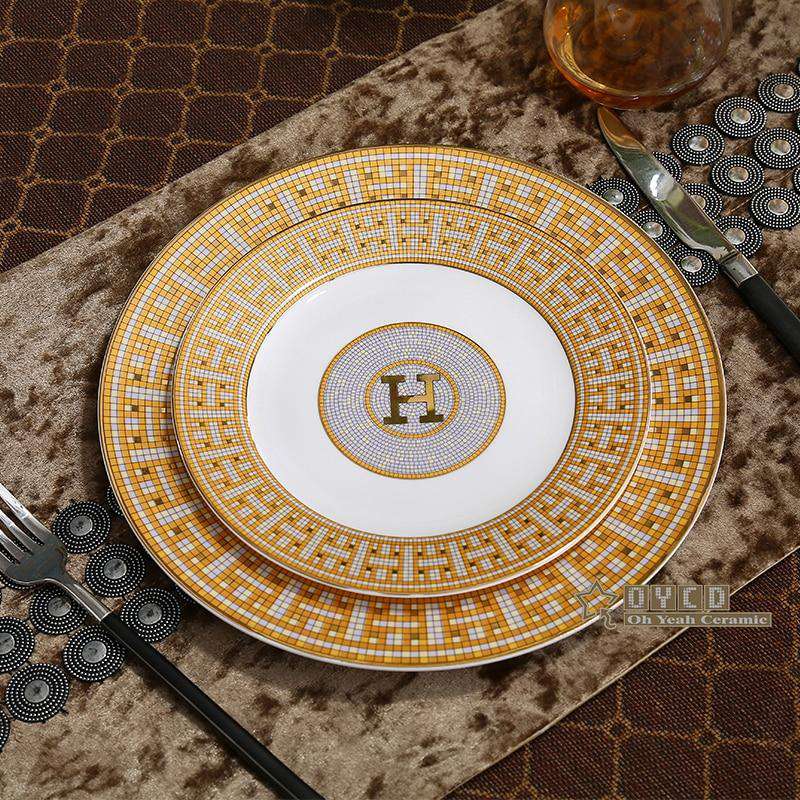 "H" mark mosaic design outline in gold round shape 8"10" flat plate "H" mark mosaic design outline in gold round shape 8"10" flat plate