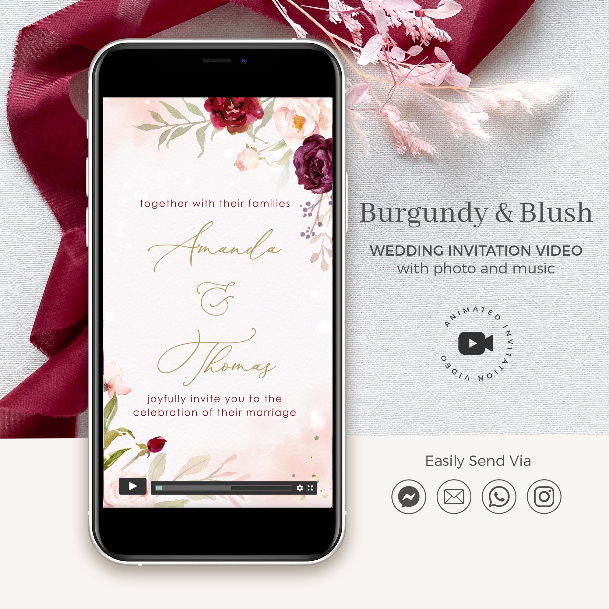 Rosita | Burgundy & Blush Animated Wedding Invitation Video
